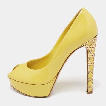 Pre Owned Dior Yellow Patent Leather Peep Toe Cannage Heel Platform Pumps Size 36.5