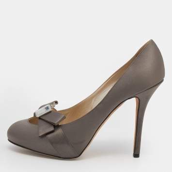 Pre Owned Dior Grey Satin Bow Platform Pumps Size 39.5