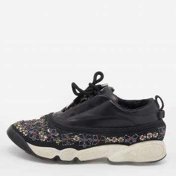 Pre Owned Dior Black Leather And Mesh Embellished Low Top Sneakers Size 37.5