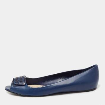 Pre Owned Dior Blue Leather Cannage Plaque Peep-Toe Ballet Flats Size 41.5