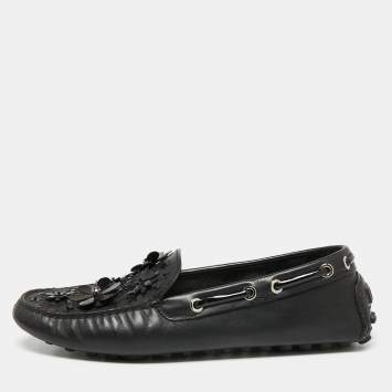Pre Owned Dior Black Leather Floral Embellished Leather  Loafers Size 39 