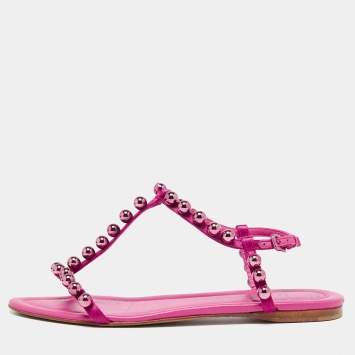 Pre Owned Dior Shocking Pink Leather and Satin Pearl Embellishment T-Strap Flats Size 38