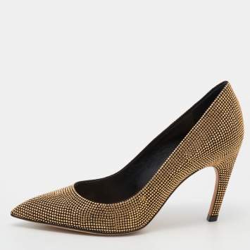 Pre Owned Dior Black/Gold Studded Suede Pointed Toe Pumps Size 37