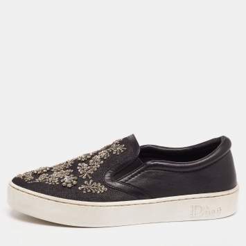 Pre Owned Dior Black Denim And Leather Happy Crystal Embellished Slip On Sneakers Size 36