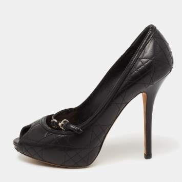 Pre Owned Dior Black Cannage Leather Peep Toe Pumps Size 36.5