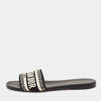 Pre Owned Dior Navy Black/White Canvas Dway Flat Sandals Size 38.5