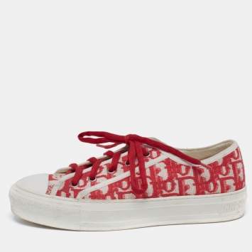 Pre Owned Dior Red Dior Fabric Oblique Embroidered Cotton Walk'N'Dior Sneaker Size 38