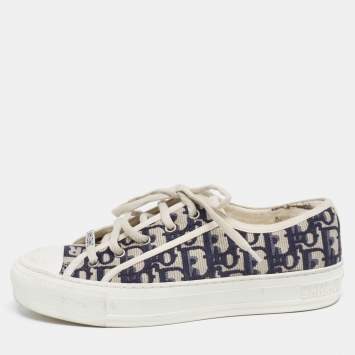 Pre Owned Dior Navy Blue/Off-White Oblique Cotton Walk'n'Dior Low-Top Sneakers Size 37