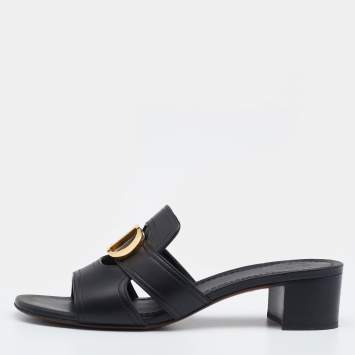 Pre Owned Dior Black Leather CD Logo Montaigne Block Heel Slide Sandals Size 39