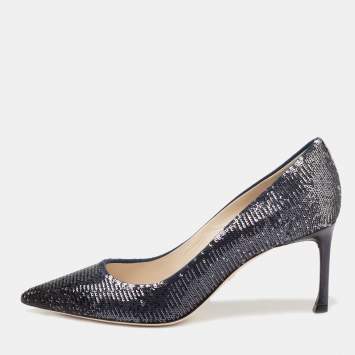 مملوكة مسبقًا Dior Metallic Navy Blue Sequin Pointed Toe Pumps Size 37.5