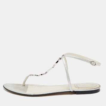Pre Owned Dior Metallic Silver Leather Crystal Embellished T-Strap Flat Sandals Size 39
