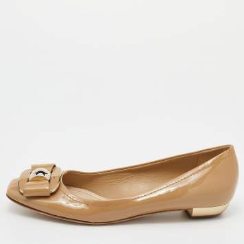 Pre Owned Dior Beige Patent Leather Bow Ballet Flats Size 38