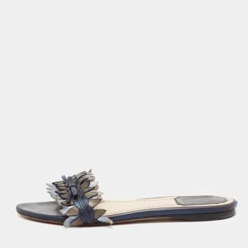 Pre Owned Dior Metallic Blue Leather Cut Out Flat Slide Sandals Size 36