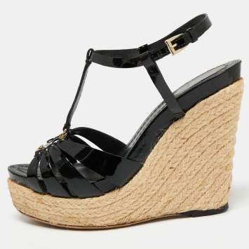 Pre Owned Dior Black Patent Leather Espadrille Wedge Ankle Strap Sandals Size 37.5