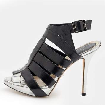 Pre Owned Dior Black/Silver Leather Strappy Platform Sandals Size 37