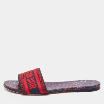 Pre Owned Dior Red/Navy Blue Embroidered Canvas Dway Flat Slides Size 40