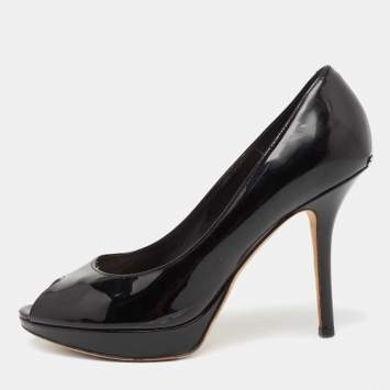 Pre Owned Dior Black Patent Leather Miss Dior Peep Toe Platform Pumps Size 38.5 