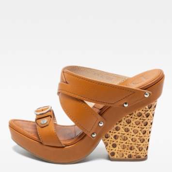 Pre Owned Dior Brown Leather Crisscross Block Heel Slide Sandals Size 37.5