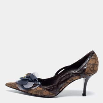 Pre Owned Dior Brown Oblique Canvas And Leather Floral Applique Pointed Toe Pumps Size 39