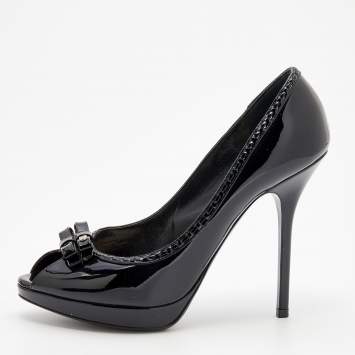 Pre Owned Dior Black Patent Leather Bow Peep Toe Platform Pumps Size 37.5