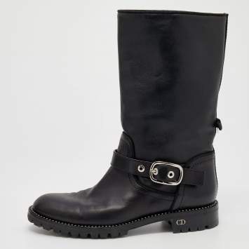 Pre Owned Dior Black Leather Crystal Embellished Buckle Detail Ankle Boots Size 37.5