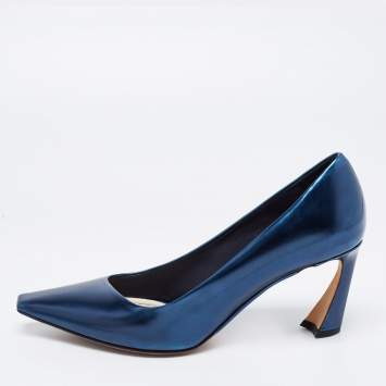 Pre Owned Dior Navy Blue Patent Leather Square Toe Pumps Size 38.5