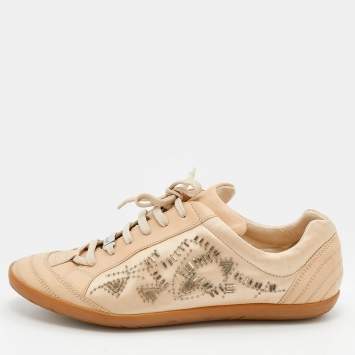 Pre Owned Dior Beige Leather And Satin Embellished Low Top Sneakers Size 40