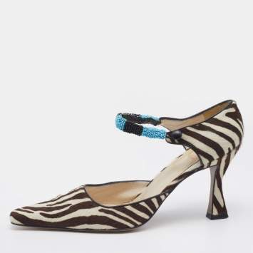 Pre Owned Dior White/Brown Zebra Print Calf Hair Embellished D'orsay Pumps Size 39.5