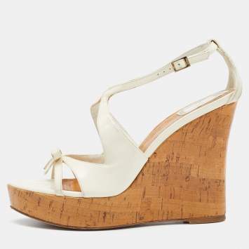 Pre Owned Dior Off White Patent Leather Cork Wedge Platform Sandals Size 39.5