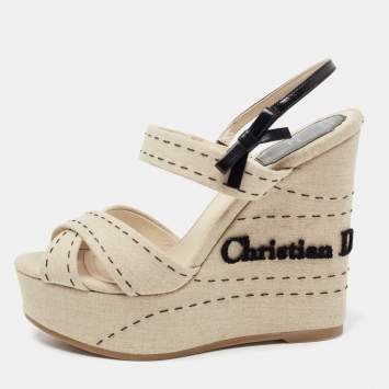 Pre Owned Dior Beige Canvas And Leather Criss Cross Wedge Platform Slingback Sandals Size 36.5