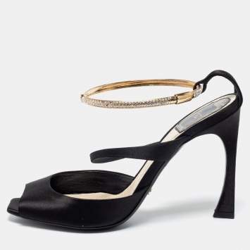 Pre Owned Dior Black Satin And Crystal Ankle Strap Cuff Sandals Size 38.5