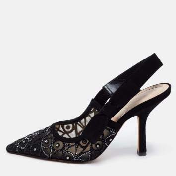 Pre Owned Dior Black Suede Crystal Embellished Slingback Sandals Size 36