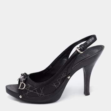 مملوكة مسبقًا Dior Black Cannage Leather CD Charm Bow Peep-Toe Slingback Pumps Size 38.5