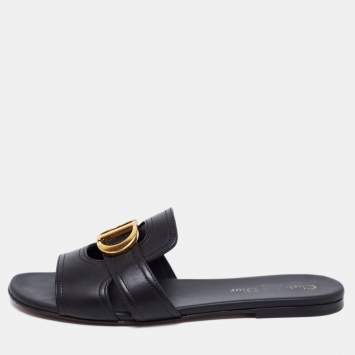 Pre Owned Dior Black Leather 30 Montaigne Flat Slide Sandals Size 38