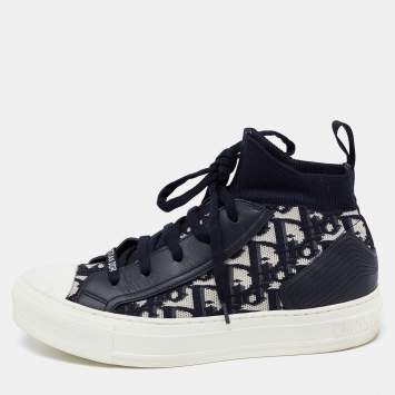 Pre Owned Dior Blue/White Knit Fabric and Leather Walk'n'Dior High-Top Sneakers Size 36