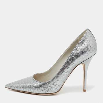 Pre Owned Dior Silver Micro Cannage Leather Cherie Pointed-Toe Pumps Size 41