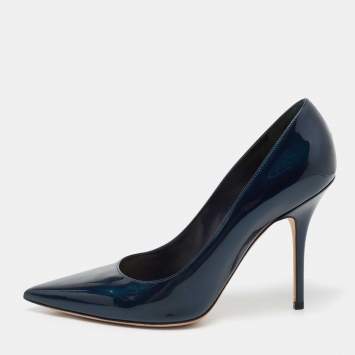 Pre Owned Dior Metallic Navy Blue Patent Leather Cherie Pointed Toe Pumps Size 41.5