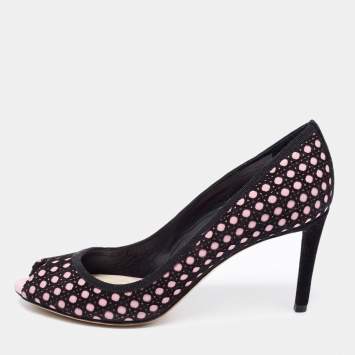 Pre Owned Dior Black/Pink Cannage Cutout Suede And Leather Peep Toe Pumps Size 39