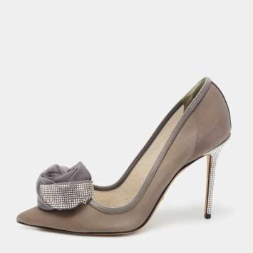 Pre Owned Dior Grey Mesh Embellished Rose Applique Pumps Size 39.5