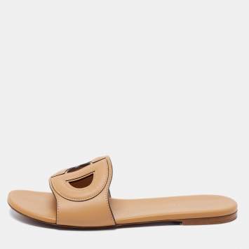 Pre Owned Dior Beige Leather D-Club Flat Slide Sandals Size 38.5