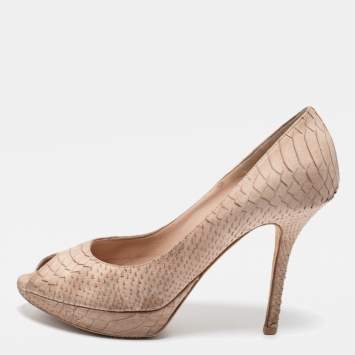Pre Owned Dior Beige Python Embossed Leather Miss Dior Peep Toe Pumps Size 38.5