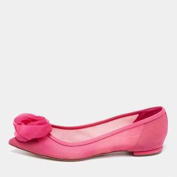 Pre Owned Dior Pink Fabric Flower Embellished Pointed Toe Ballet Flats Size 38.5