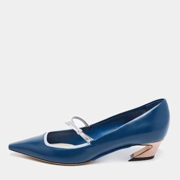 Pre Owned Dior Blue/Grey Leather Bow Mary Jane Pumps Size 38.5