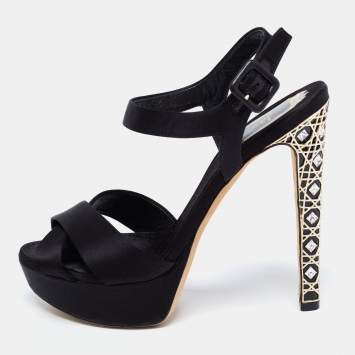 Pre Owned Dior Black Satin Crystal Embellished Cannage Heel Ankle-Strap Platform Sandals Size 38