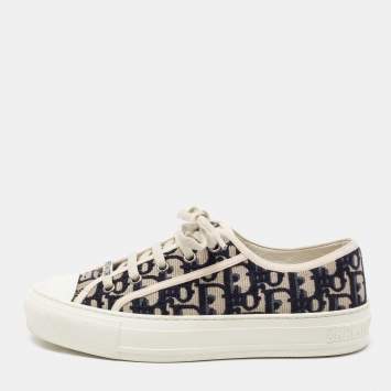 Pre Owned Dior Navy Blue/White Oblique Embroidered Canvas and Rubber Walk'n'Dior Low-Top Sneakers Size 37