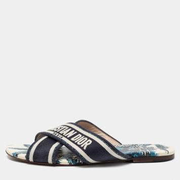 Pre Owned Dior  Navy Blue Canvas Dway Criss Cross Slide Sandals Size 39.5 
