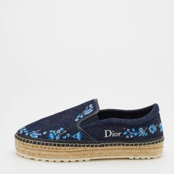 Pre Owned Dior Blue Denim Floral Embroidered Denim Prairie Espadrille Flats Size 38
