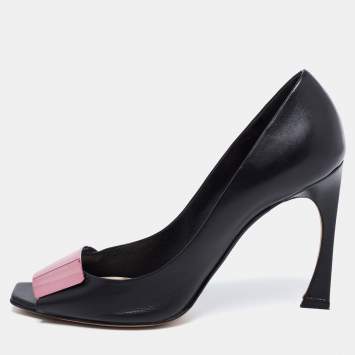 Pre Owned Dior Black Leather Plaque Peep-Toe Pumps Size 39