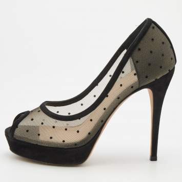 Pre Owned Dior Black Suede And Dotted Mesh Doll Peep Toe Platform Pumps Size 37