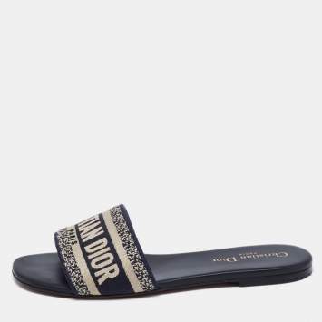 Pre Owned Dior Navy Blue/White Canvas And Leather  Dway Flat Sandals Size 38 